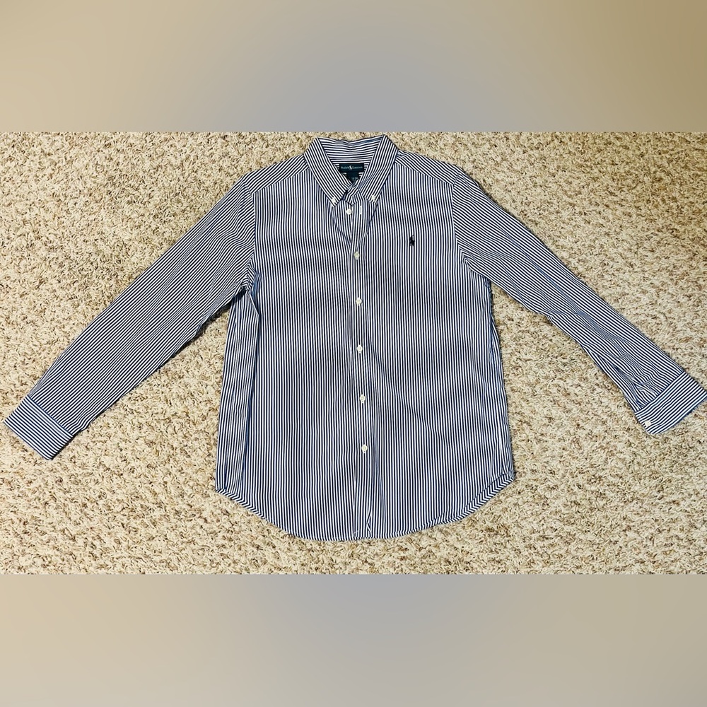Ralph Lauren Navy and White Striped Button Down Shirt
